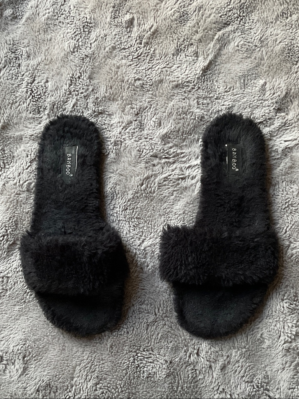 BAMBOO Black Faux Fur Slide Slippers - Women's Plush Open-Toe